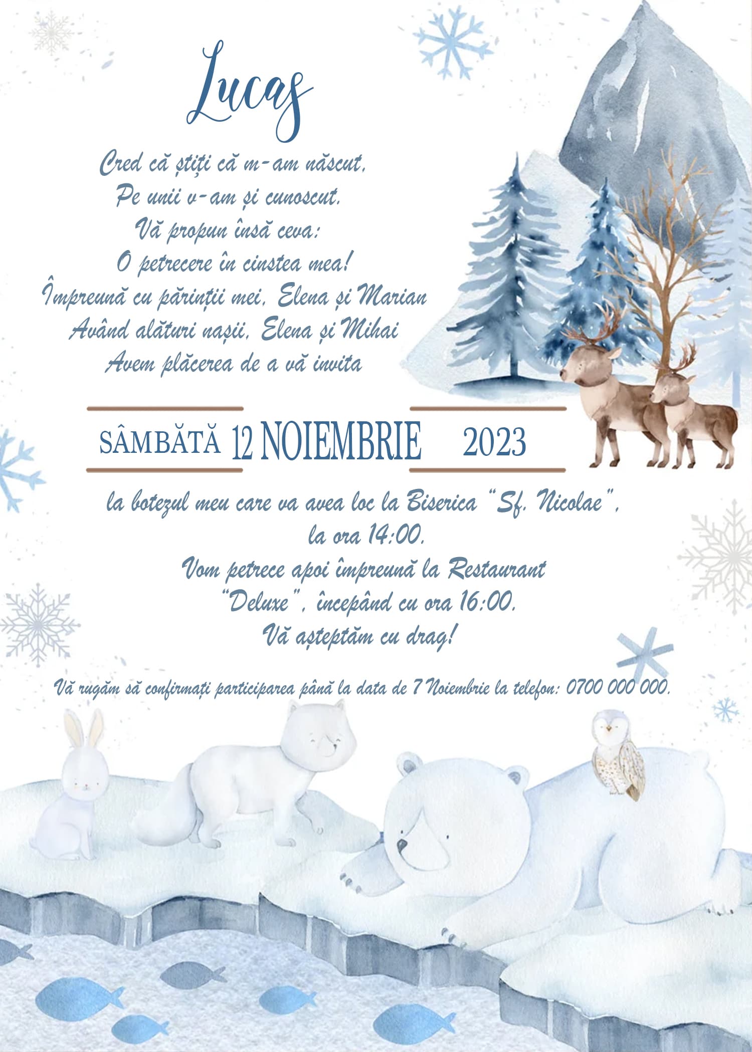 Snow Friends - Invitație Digitală botez