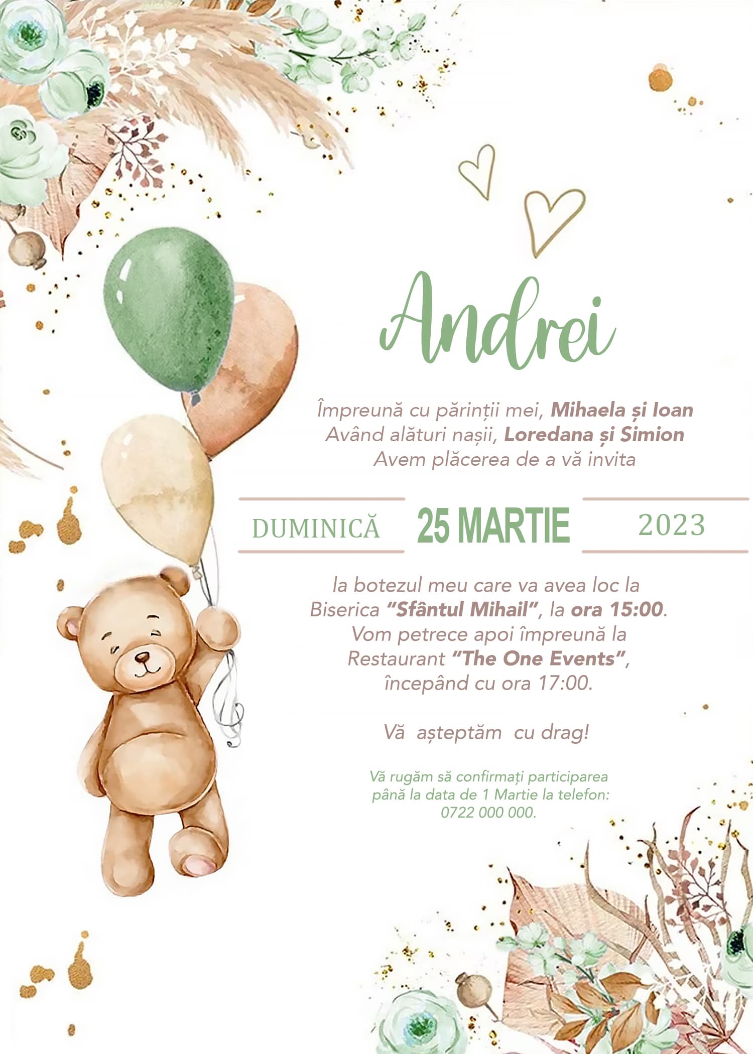 Teddy Ballons - Invitație Digitală botez