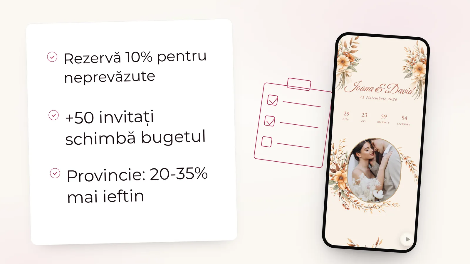 Listă: Rezervă 10% pentru neprevăzute; +50 invitați schimbă bugetul; Provincie: 20-35% mai ieftin. Lângă invitația de nuntă Iubire Boemă