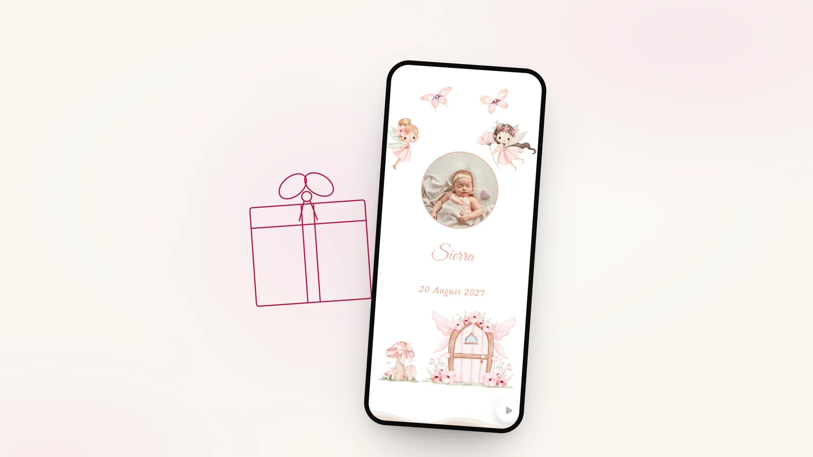 Desen cu linie fină: o cutie de cadou, lângă invitația de botez Fairy Garden pe telefon