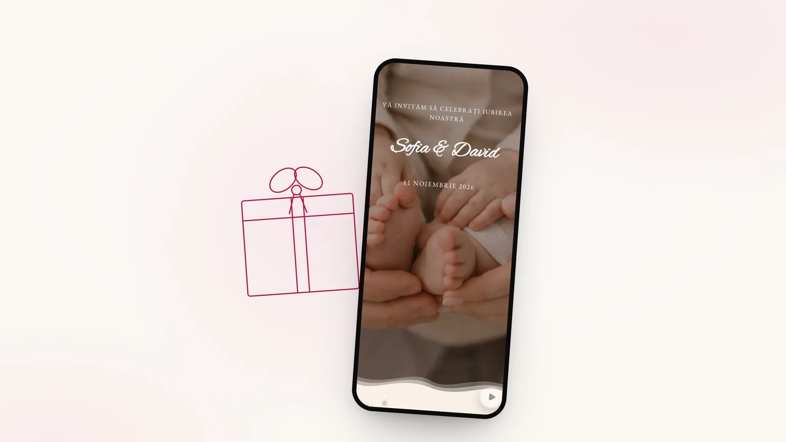 Desen cu linie fină: o cutie de cadou, lângă invitația de nuntă și botez Special Love pe telefon