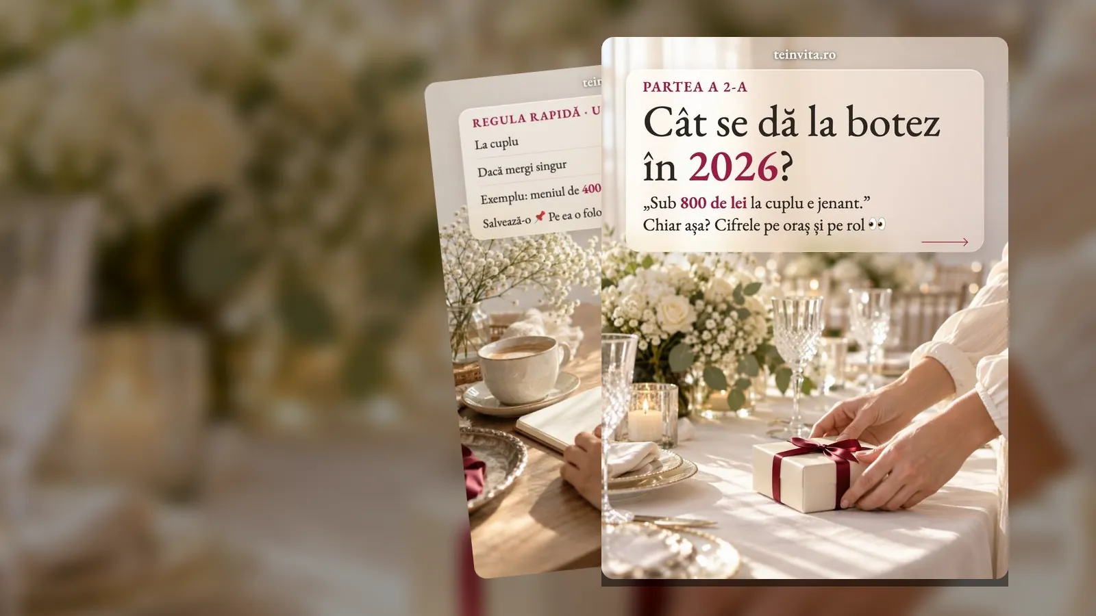 Mâini care aranjează o cutie-cadou cu fundă vișinie pe o masă de botez, pe cadrul „Cât se dă la botez în 2026?”