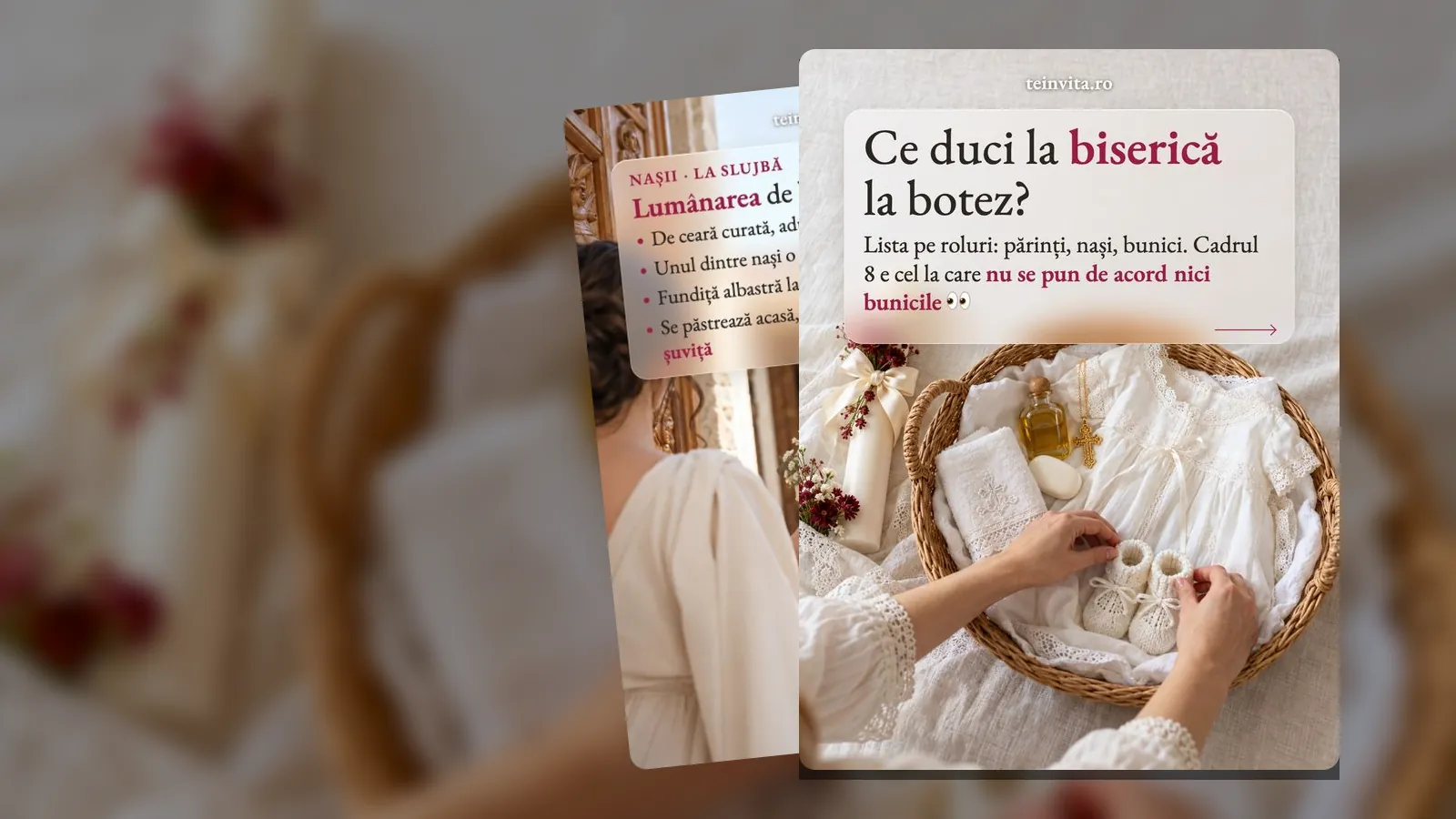 Coș împletit cu trusou alb, ulei și botoșei pe care le aranjează două mâini, pe cadrul „Ce duci la biserică la botez?”