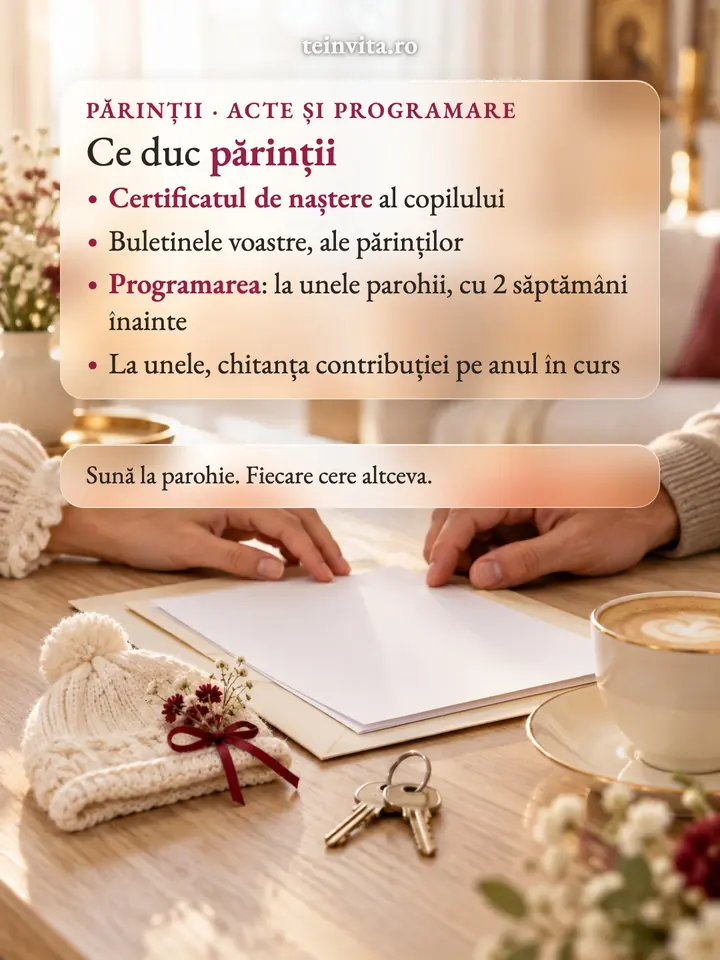 Actele pentru botez: certificatul de naștere, buletinele părinților, programarea și, la unele parohii, chitanța