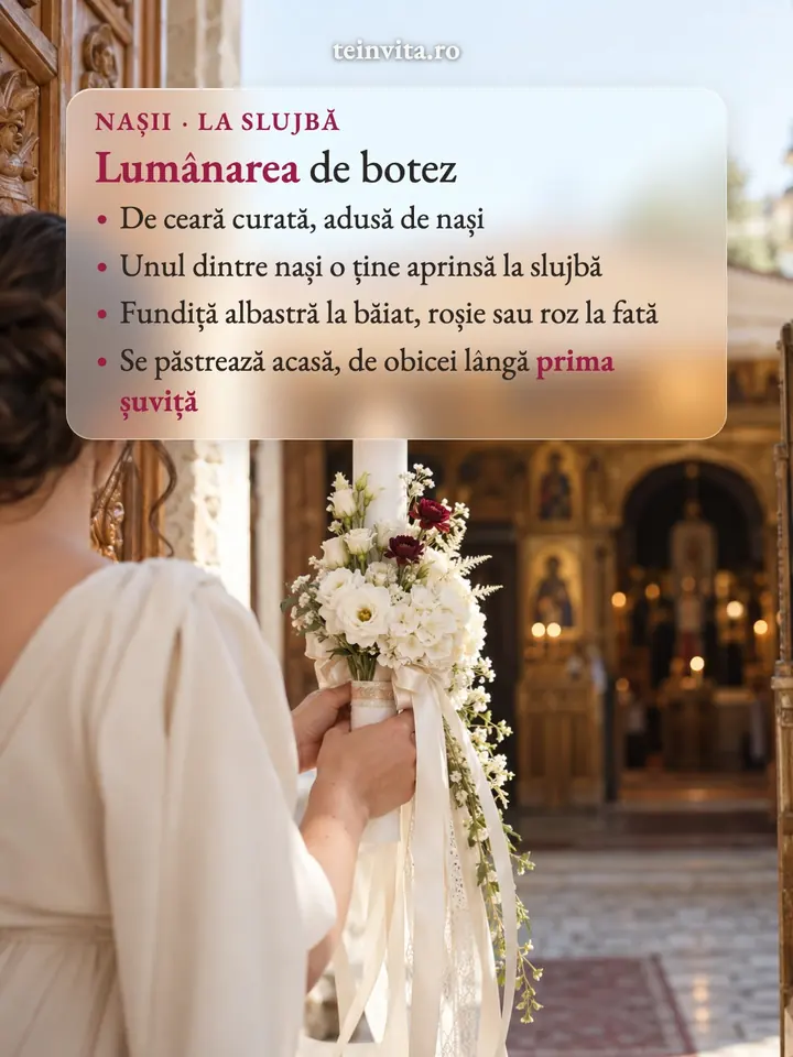 Lumânarea de botez: de ceară curată, ținută aprinsă de un naș, cu fundiță albastră sau roz