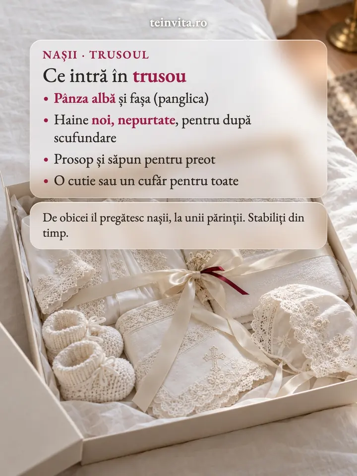 Ce intră în trusoul de botez: pânza albă, fașa, haine noi, prosop și săpun pentru preot, cutia