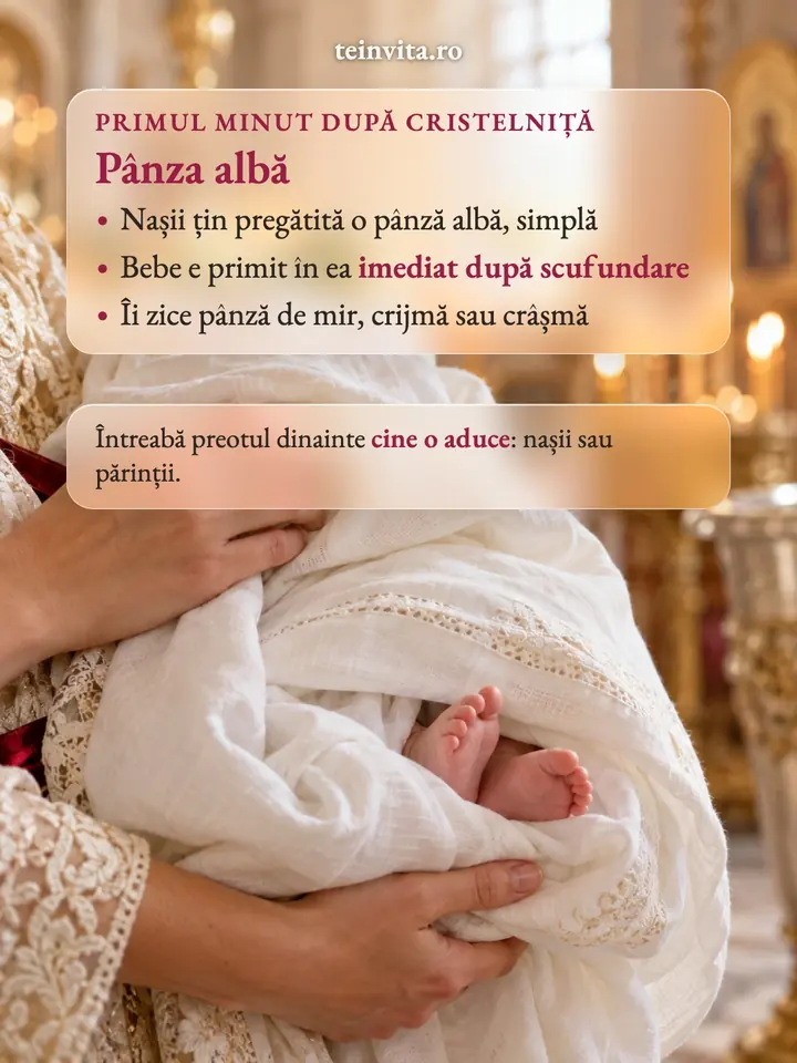 Pânza albă de botez, ținută de nași: bebelușul e primit în ea după scufundare, în primul minut