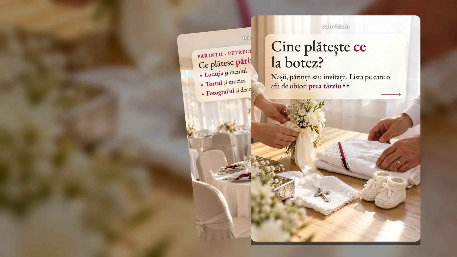 Nași, părinți sau invitați: mâini care aranjează un buchet de flori albe lângă un trusou de botez cu botoșei și o cruciuliță, pe cadrul „Cine plătește ce la botez?”