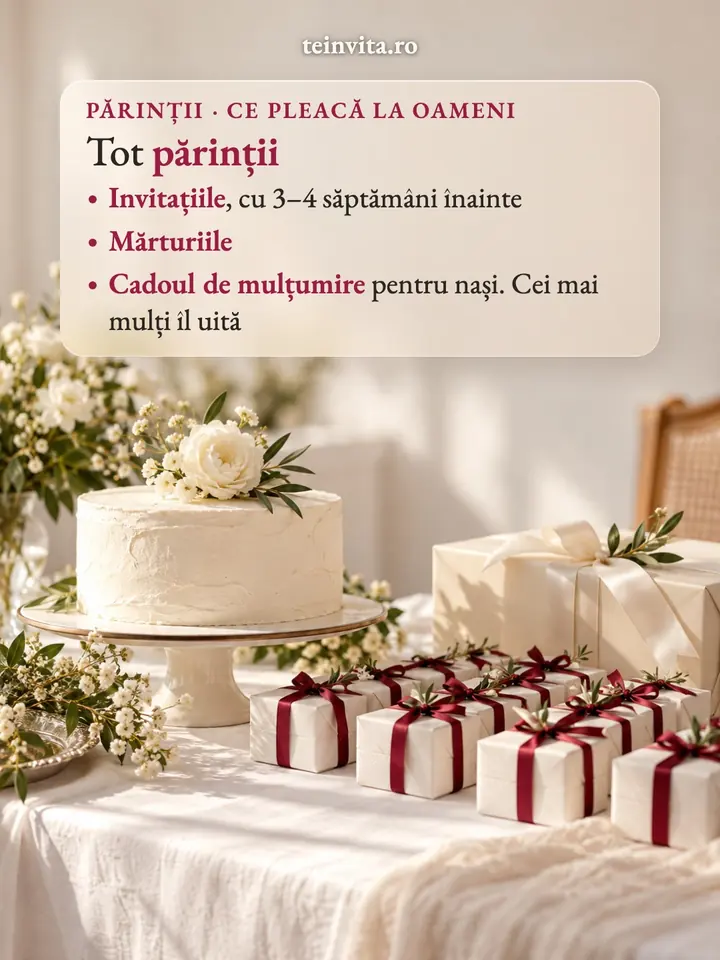 Tot părinții: invitațiile cu câteva săptămâni înainte, mărturiile și cadoul de mulțumire pentru nași