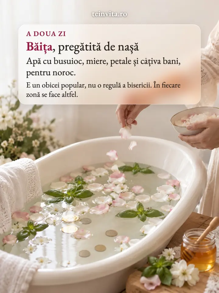 Băița de a doua zi, cu urările nașei; un obicei popular care diferă de la o familie la alta
