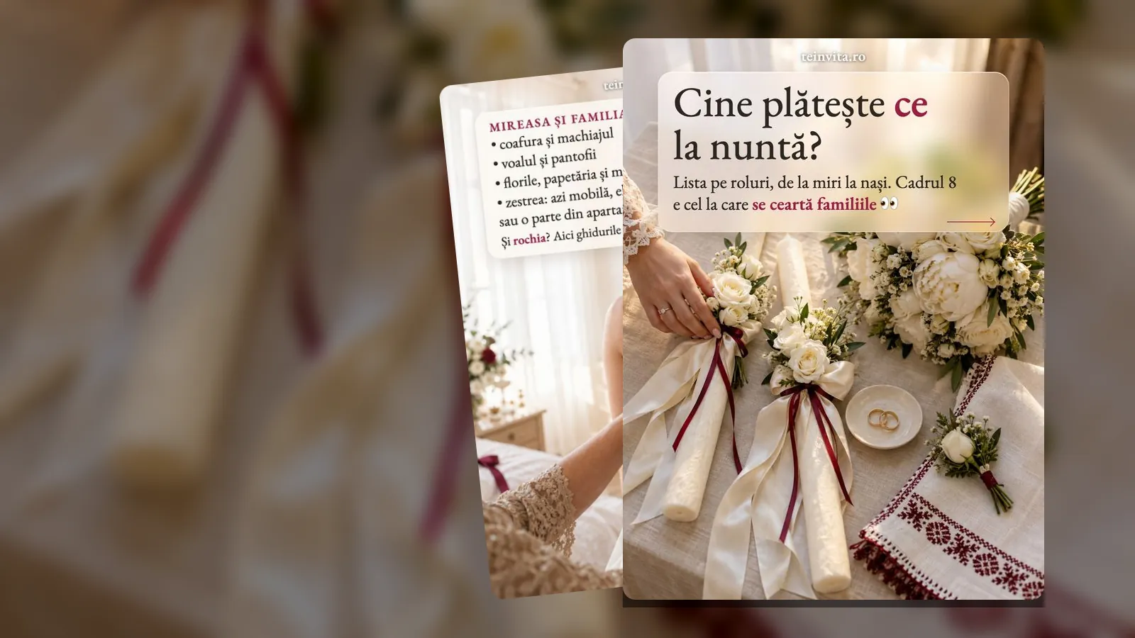 Lumânări de cununie legate cu panglici, buchete albe și verighete pe un ștergar brodat, pe cadrul „Cine plătește ce la nuntă?”