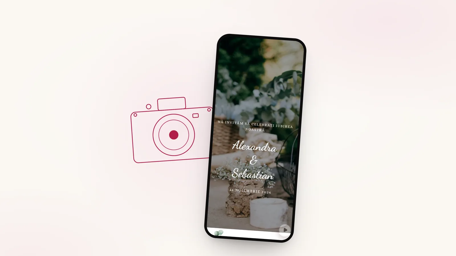Desen cu linie fină: un aparat foto, lângă invitația de nuntă Timeless Love pe telefon