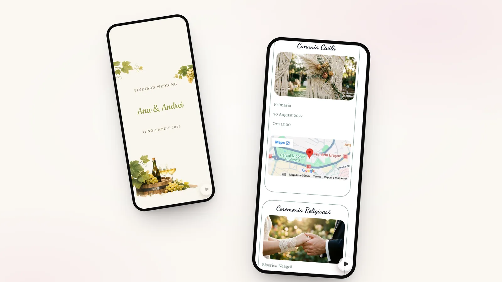 Harta locației din invitația de nuntă Vineyard Love, pe telefon