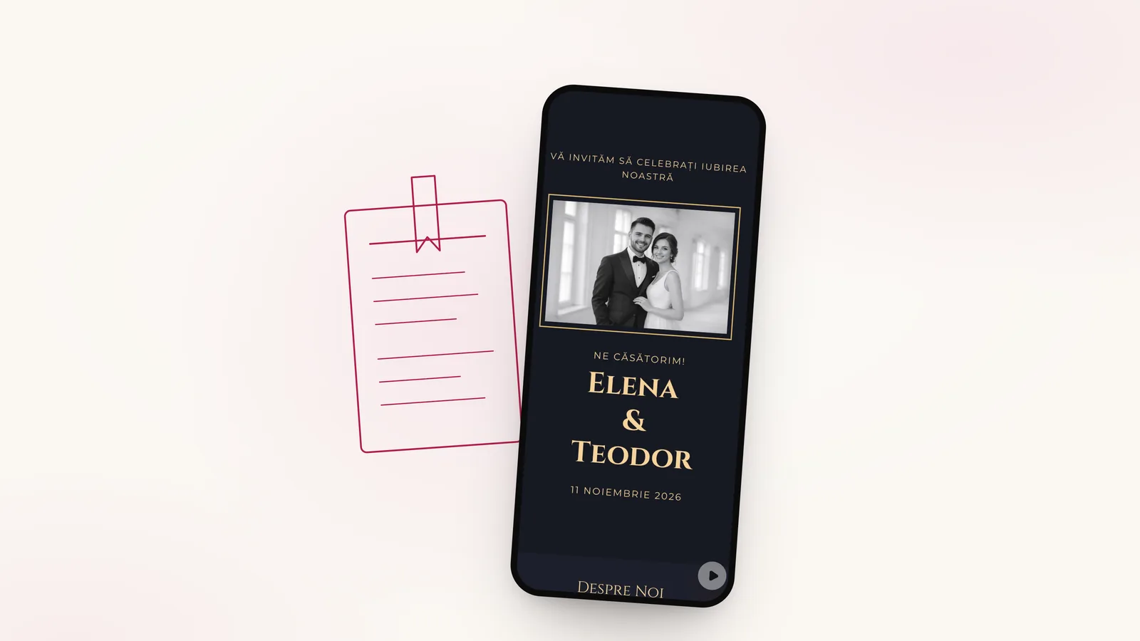 Desen cu linie fină: un meniu, lângă invitația de nuntă Golden Gala pe telefon