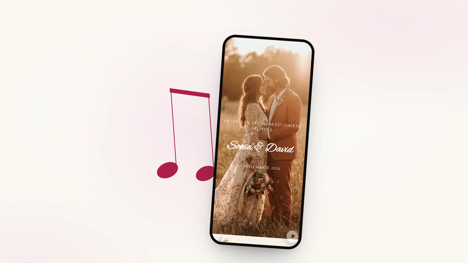 Desen cu linie fină: note muzicale, lângă invitația de cununie civilă Boho pe telefon