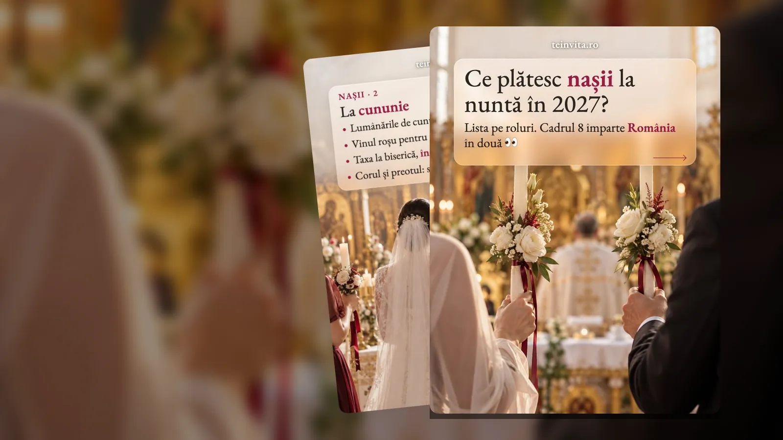 Lumânări de cununie cu flori ținute de nași în biserică, pe cadrul „Ce plătesc nașii la nuntă în 2027?”