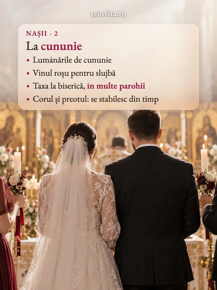 La cununie, nașii se ocupă de lumânări, trusoul pentru biserică, taxa la biserică, cor și preot