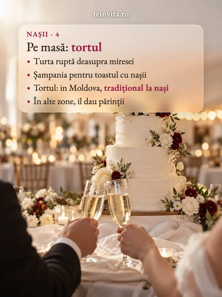 Tortul, turta ruptă deasupra miresei și șampania pentru toast; în unele familii tortul vine de la nași