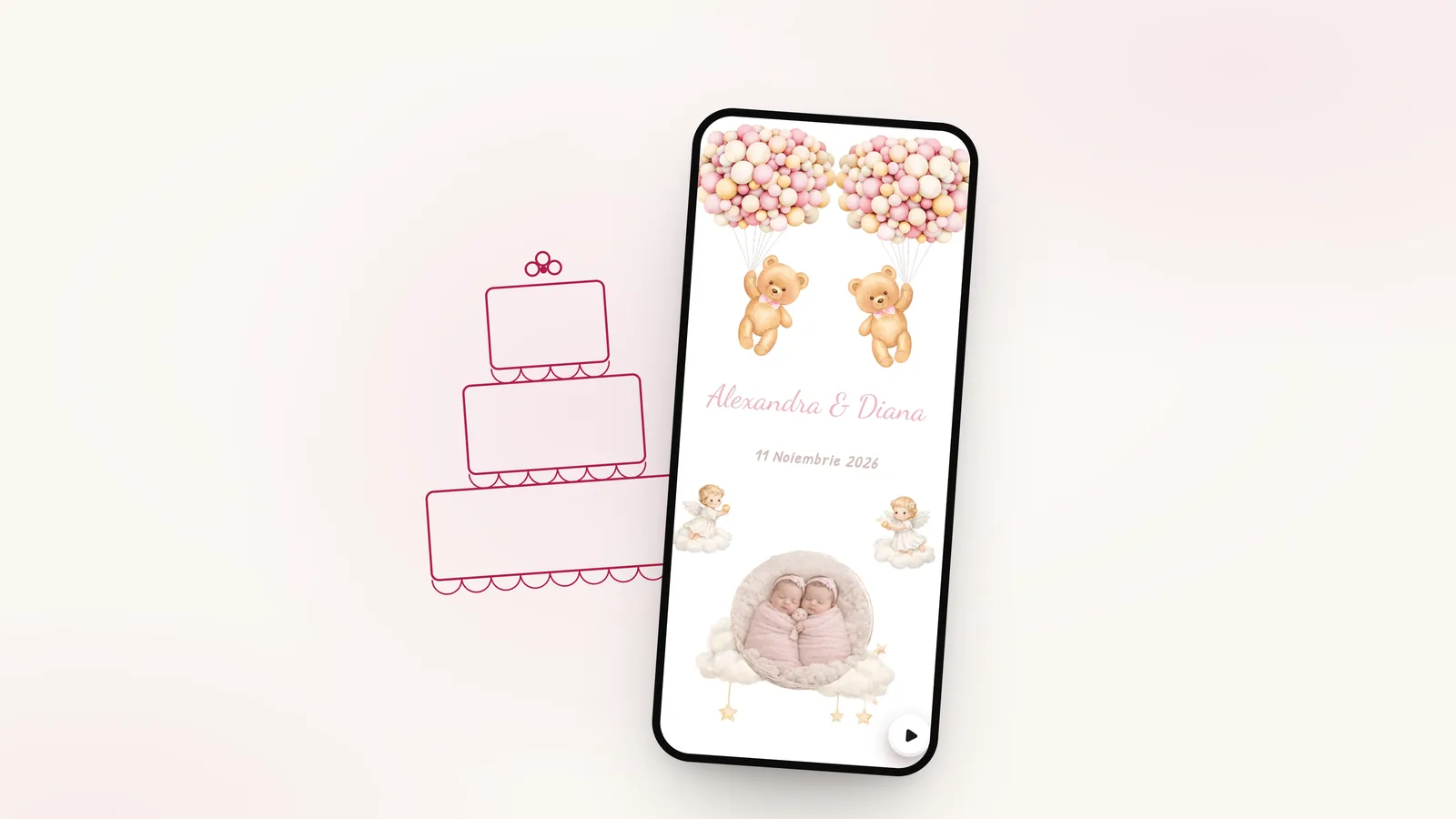 Desen cu linie fină: un tort pe etaje, lângă invitația de botez Teddy Twins Girls pe telefon