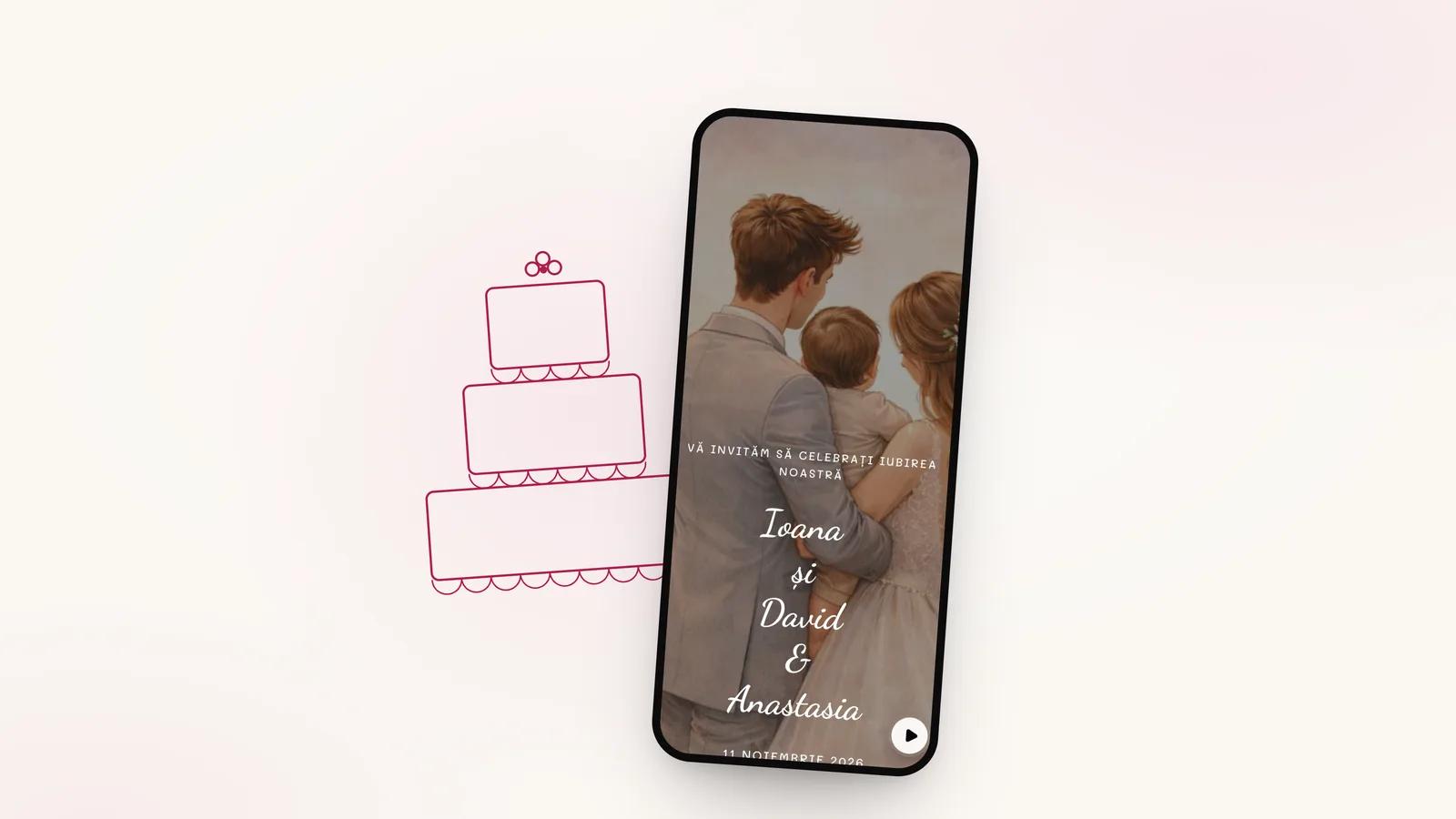 Desen cu linie fină: un tort pe etaje, lângă invitația de nuntă și botez Love is Blessing pe telefon
