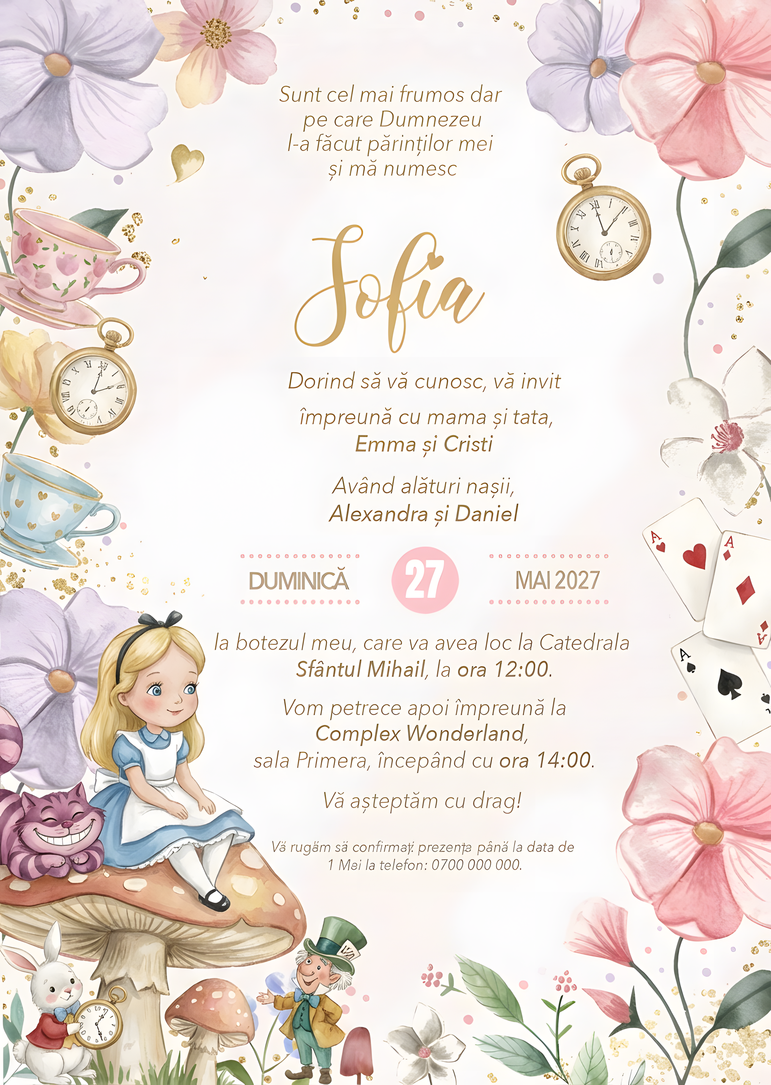 Invitație digitală Alice Wonderland Fantezie botez