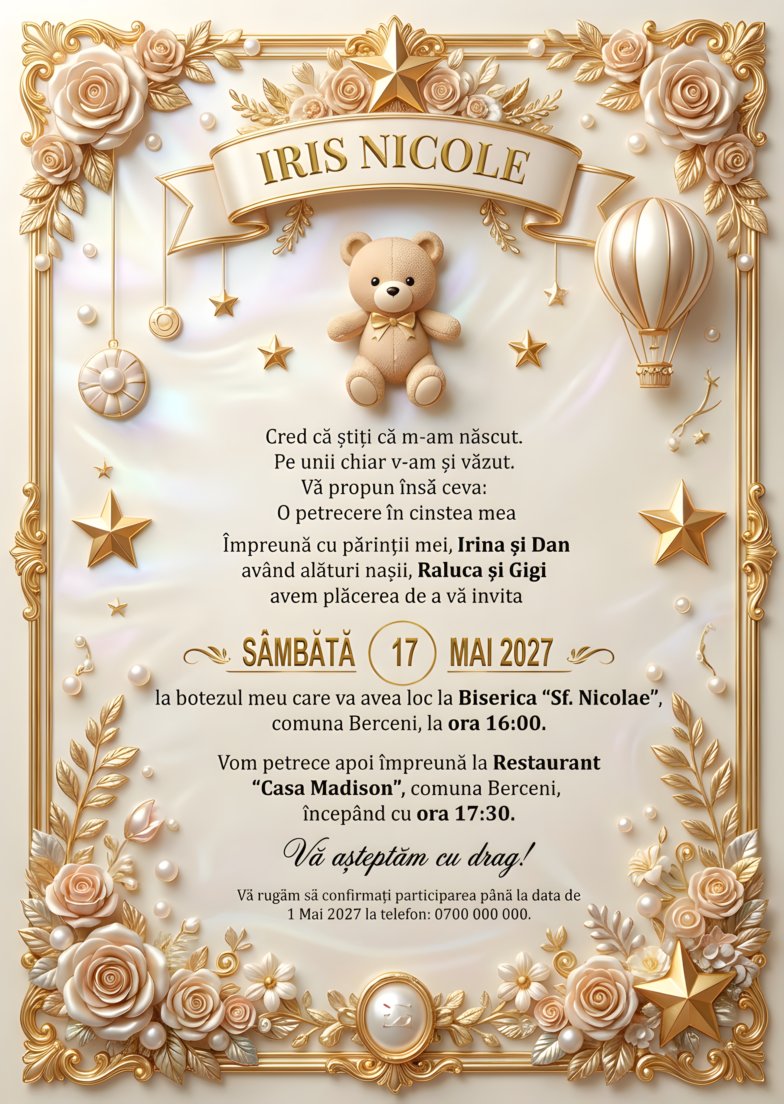 Invitație digitală Auriu Floral Jucaus botez