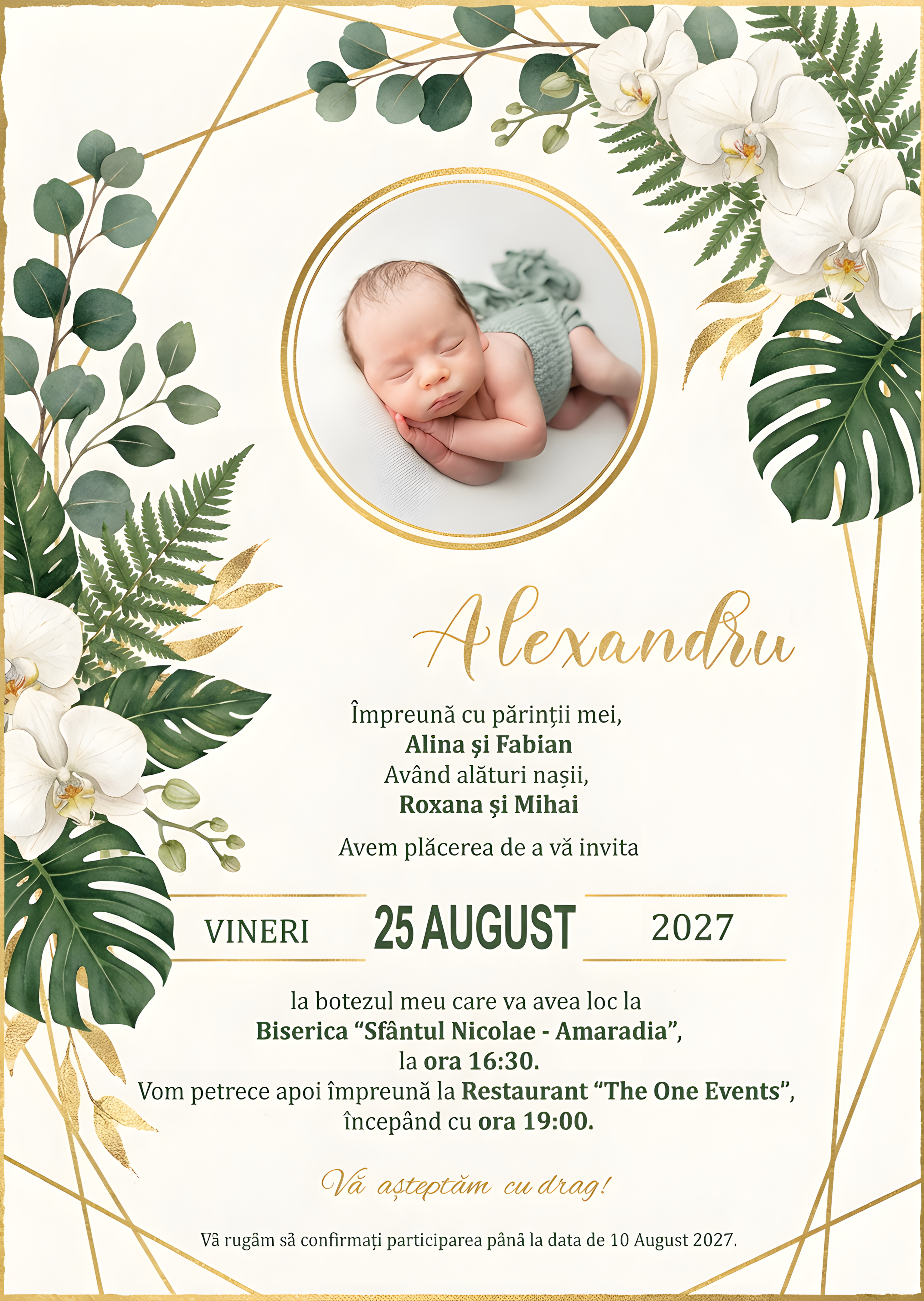 Invitație digitală Elegant Natural Orhidee botez