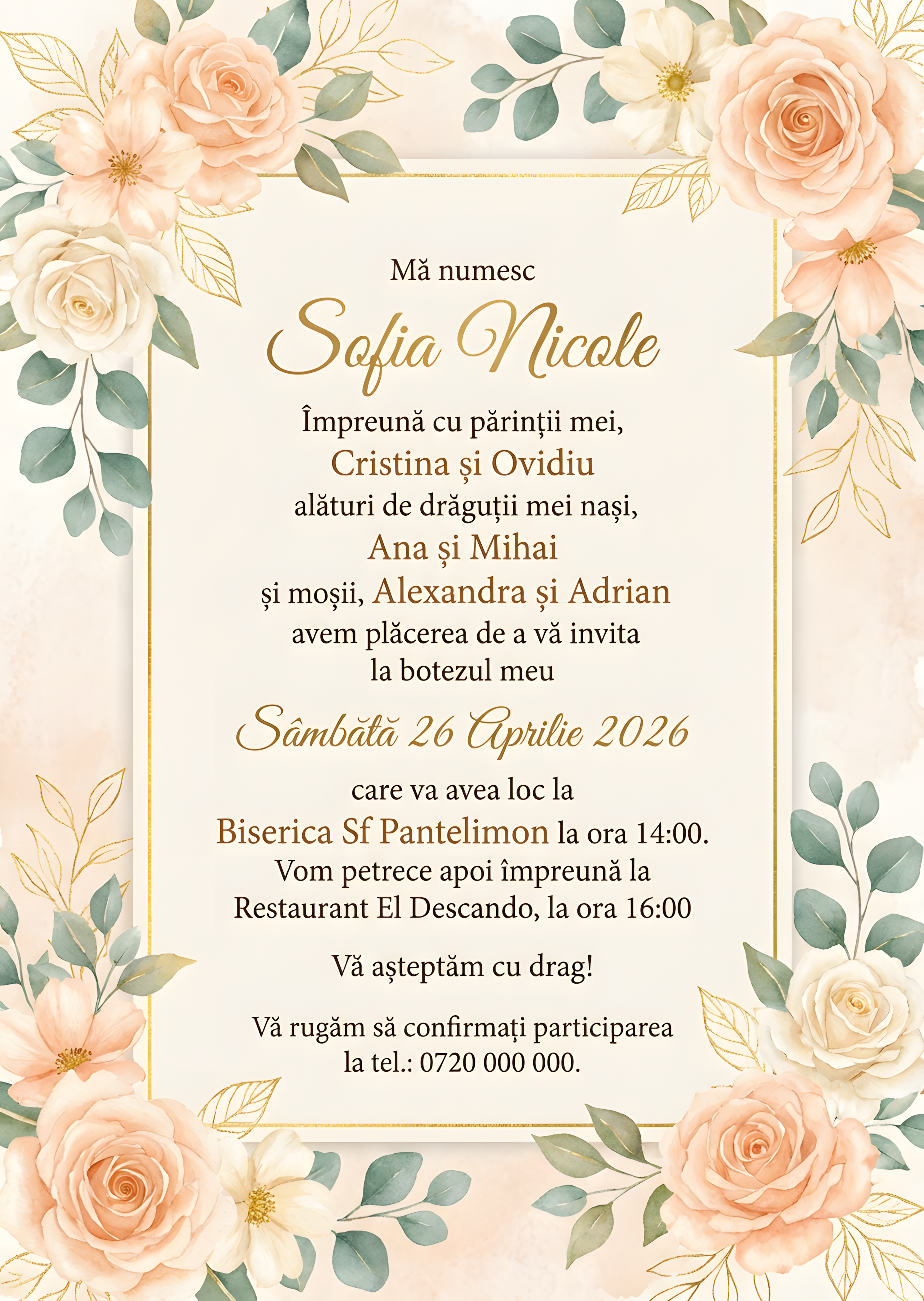 Invitație digitală Floral Gold Elegant botez