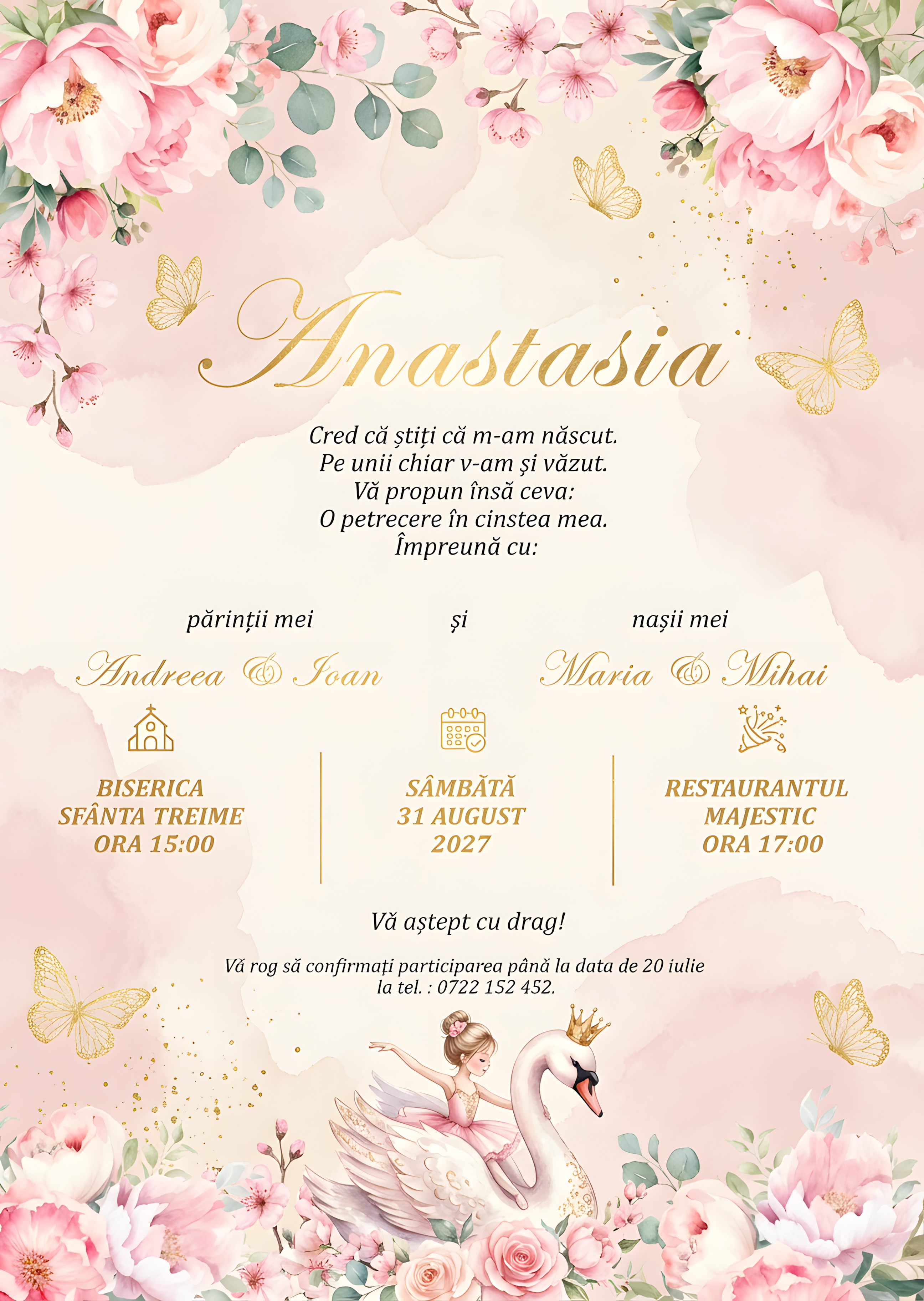 Invitație digitală Floral Roz Elegant botez