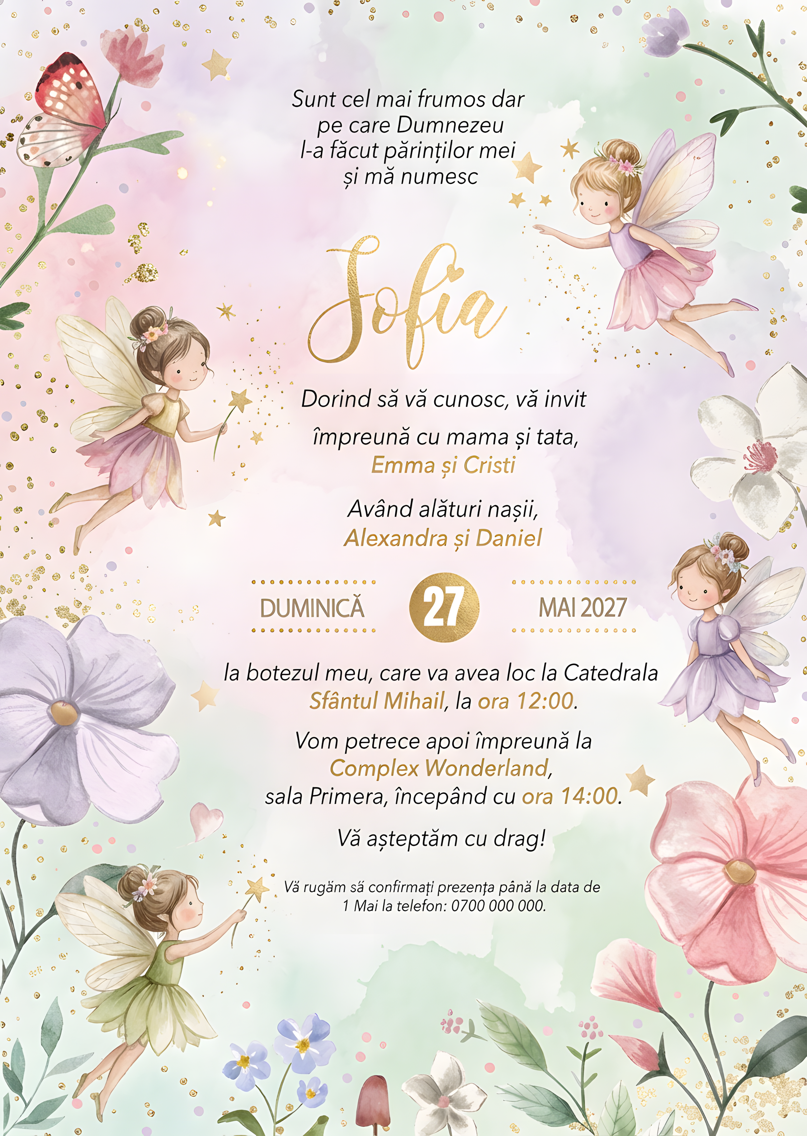 Invitație digitală Fluturi Floral Auriu botez