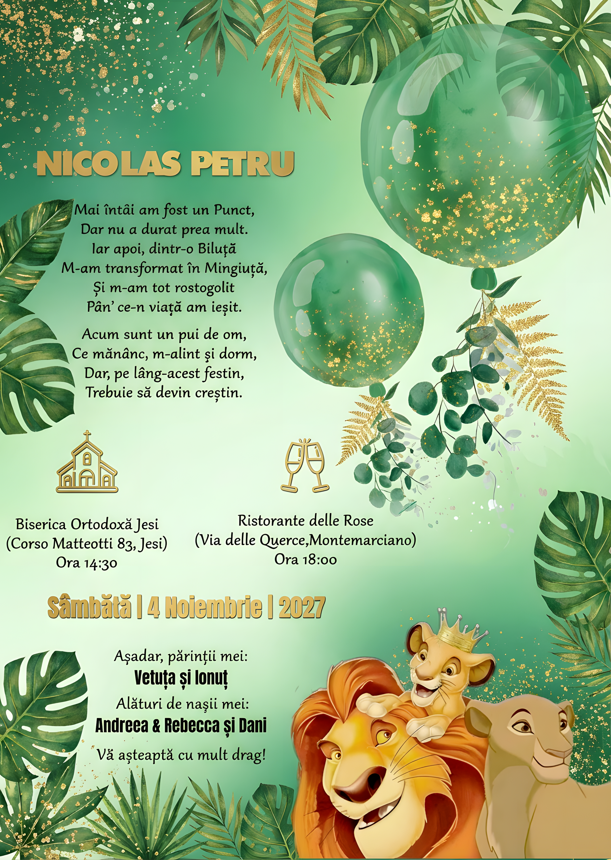 Invitație digitală Jungla Aur Lenzi Ui botez