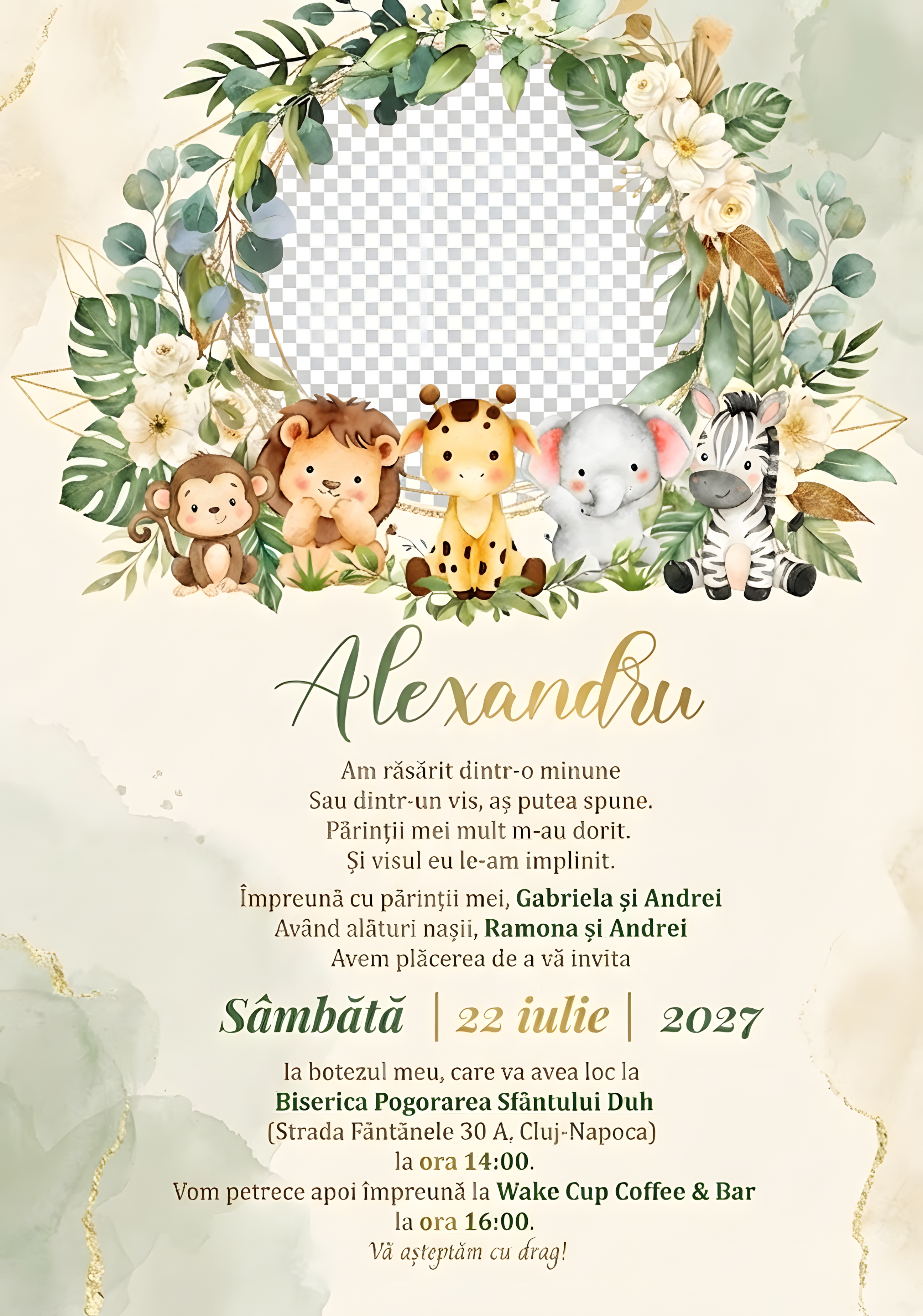 Invitație digitală Jungla Natura Aliat botez