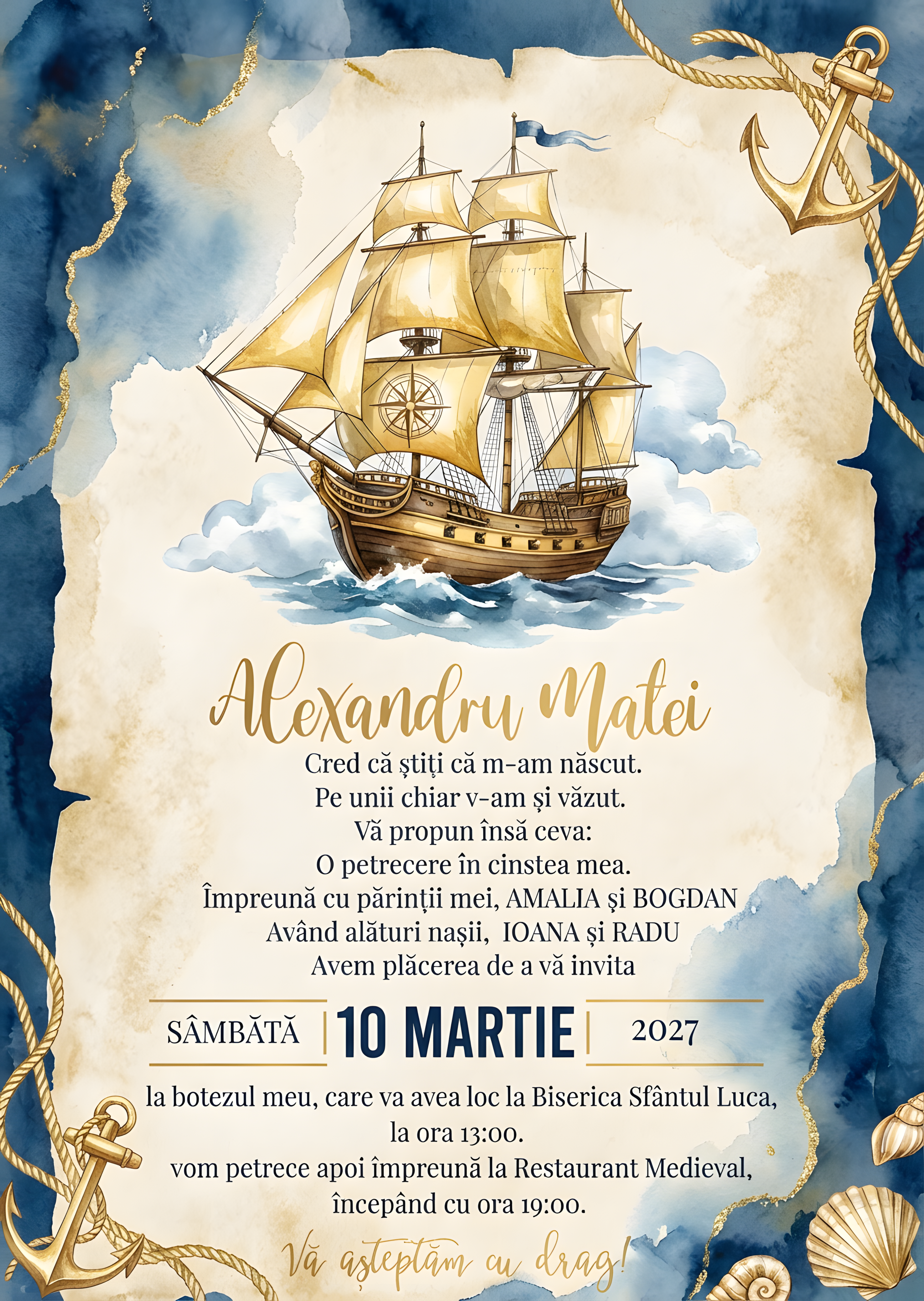 Invitație digitală Marina Vintage Navigatie botez