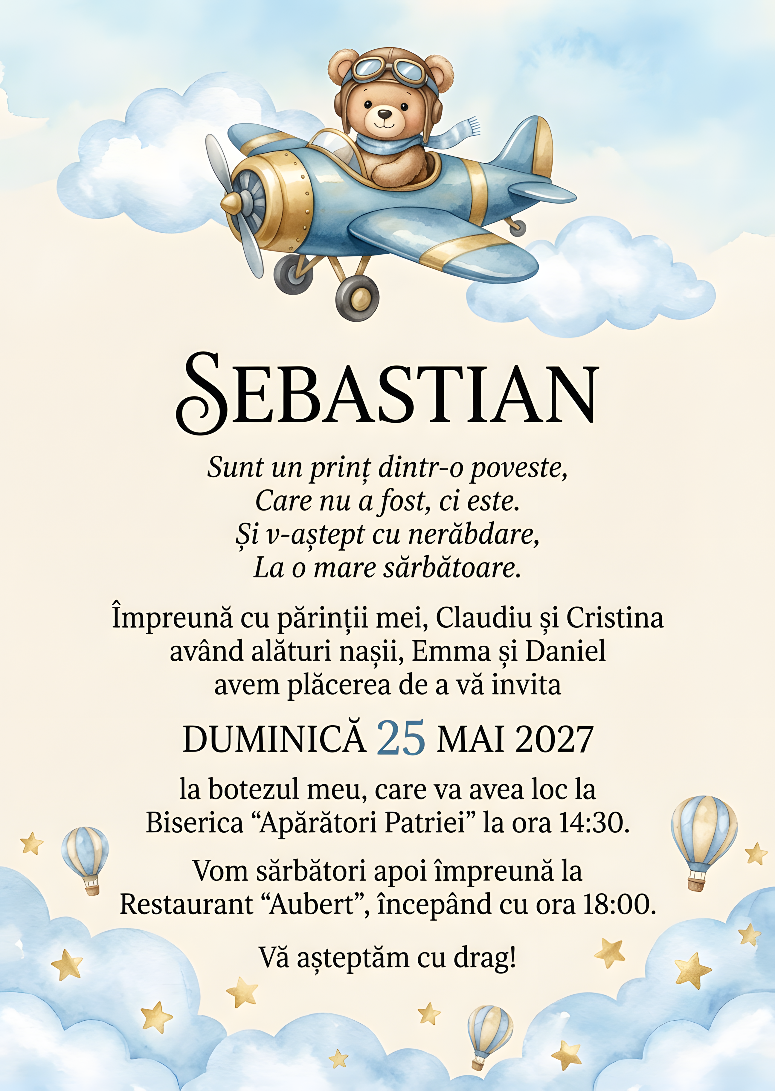 Invitație digitală Ursulet Avion Nori botez