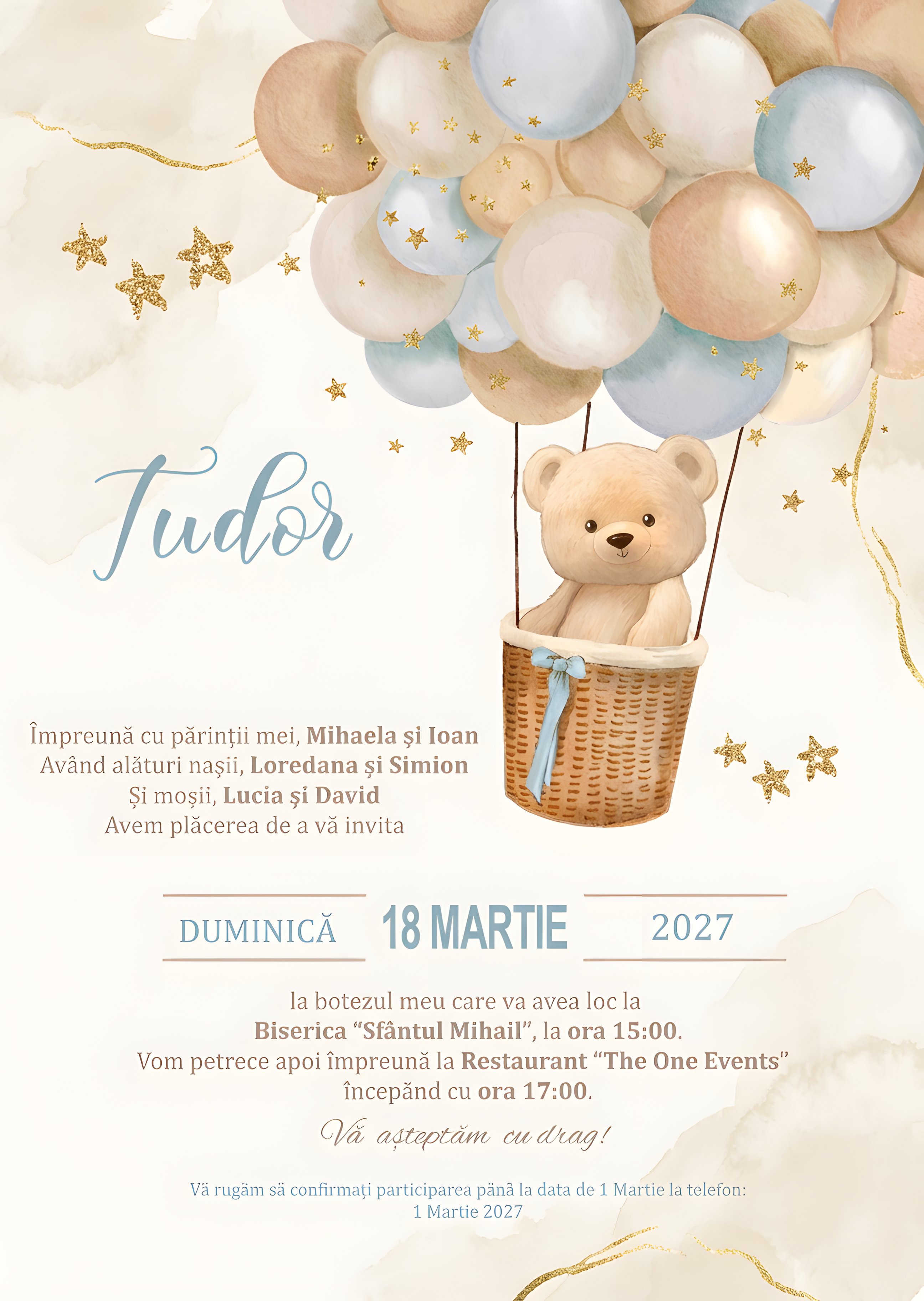 Invitație digitală Ursulet Balon Auriu botez