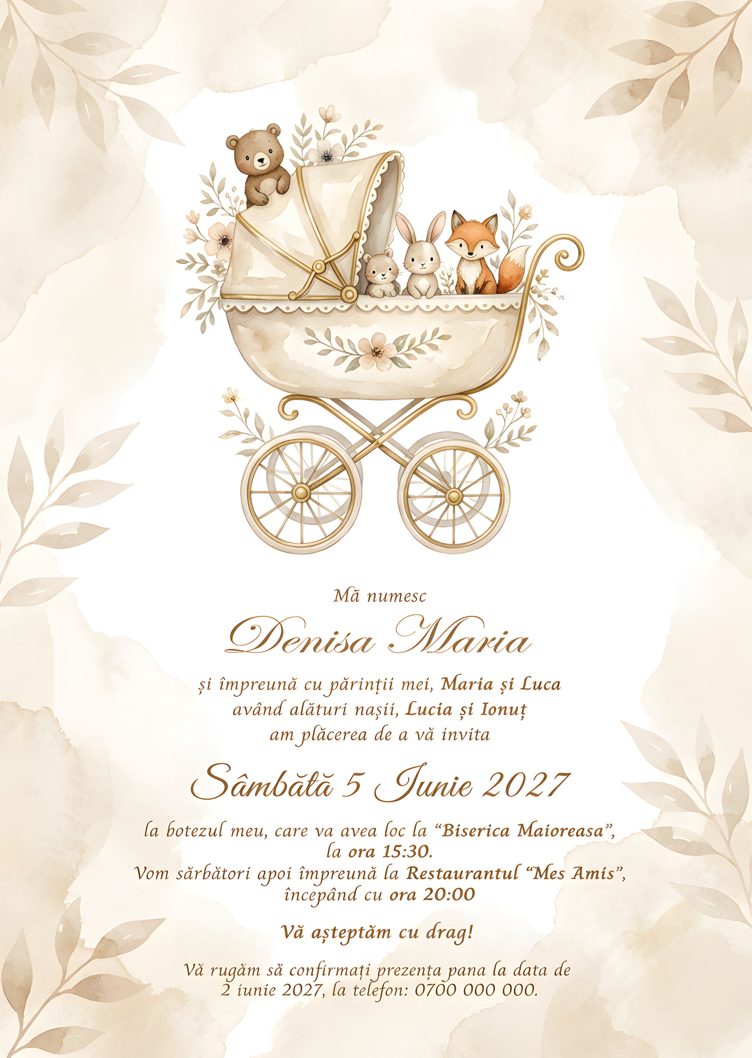 Invitație digitală Vintage Crem Copii botez