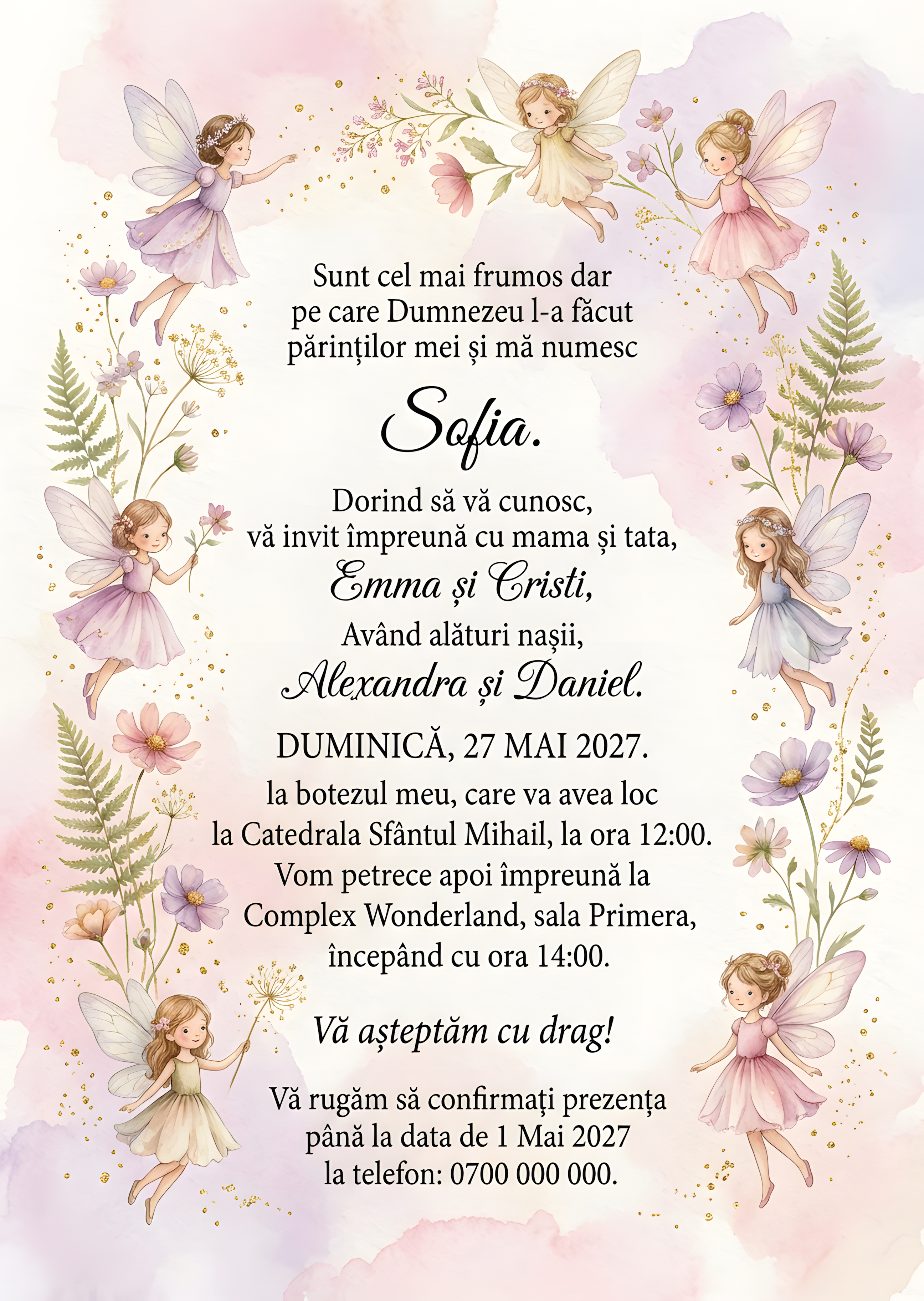 Invitație digitală Zane Florale Pastel botez